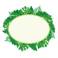 Oval label with tropical leaves.